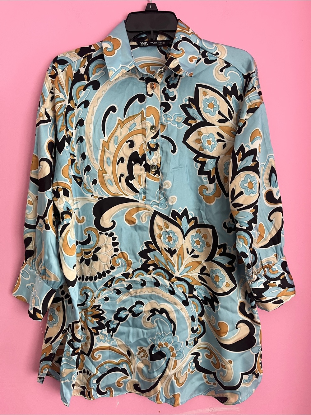 Zara Multicolor Paisley Print Blouse — Light Blue, Beige, Black
